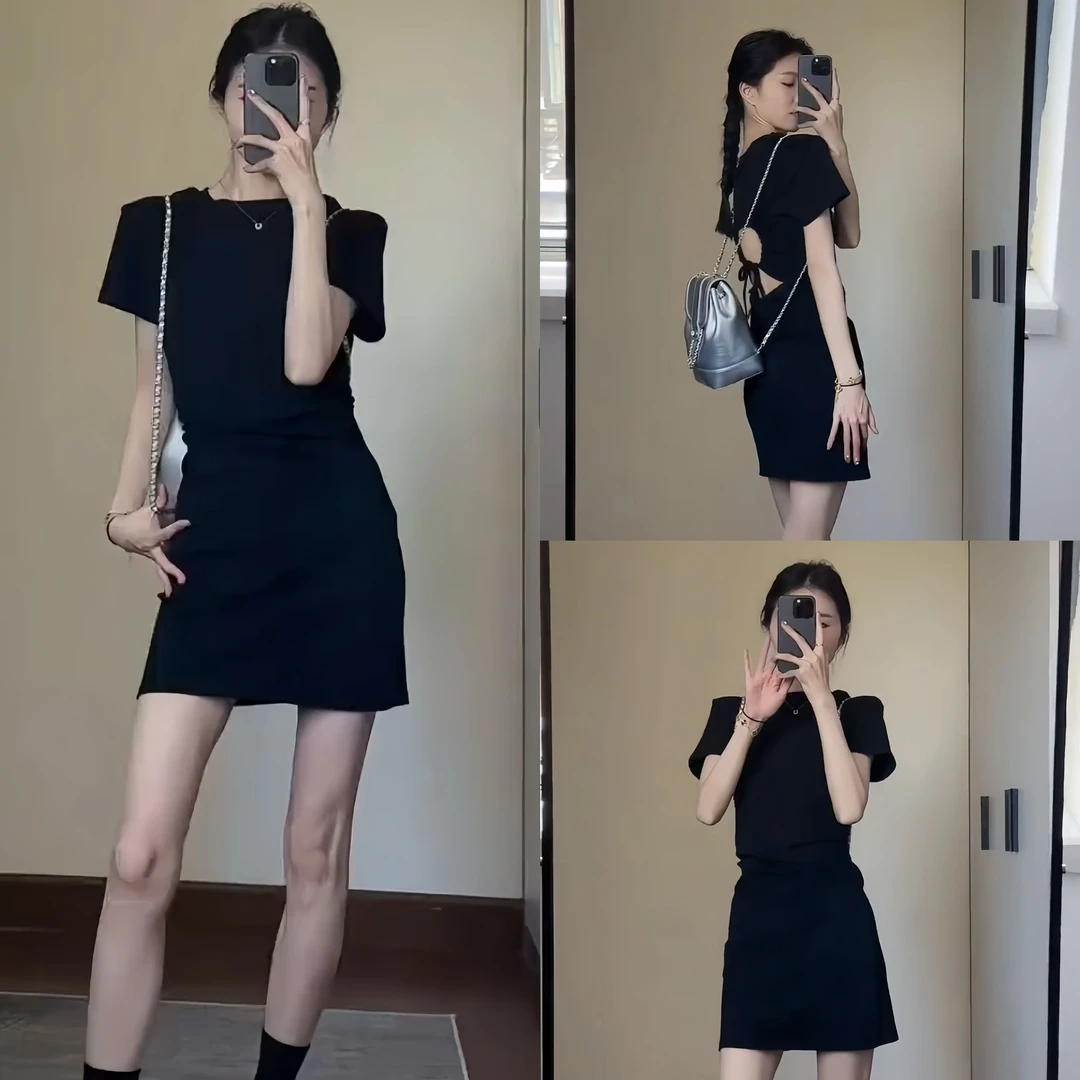 纯欲性感时尚露背短袖连衣裙2025新款女夏季修身显瘦休闲气质短裙