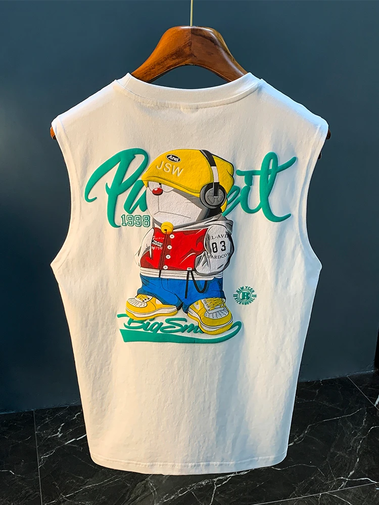 白色背心男夏季新款卡通动漫印花无袖体恤衫潮流宽松纯棉透气上衣