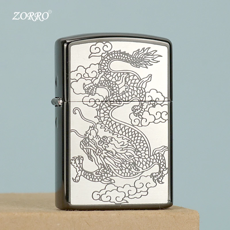 佐罗ZORRO炫酷双龙黑双面雕刻黄铜煤油打火机防风创意精雕男士潮