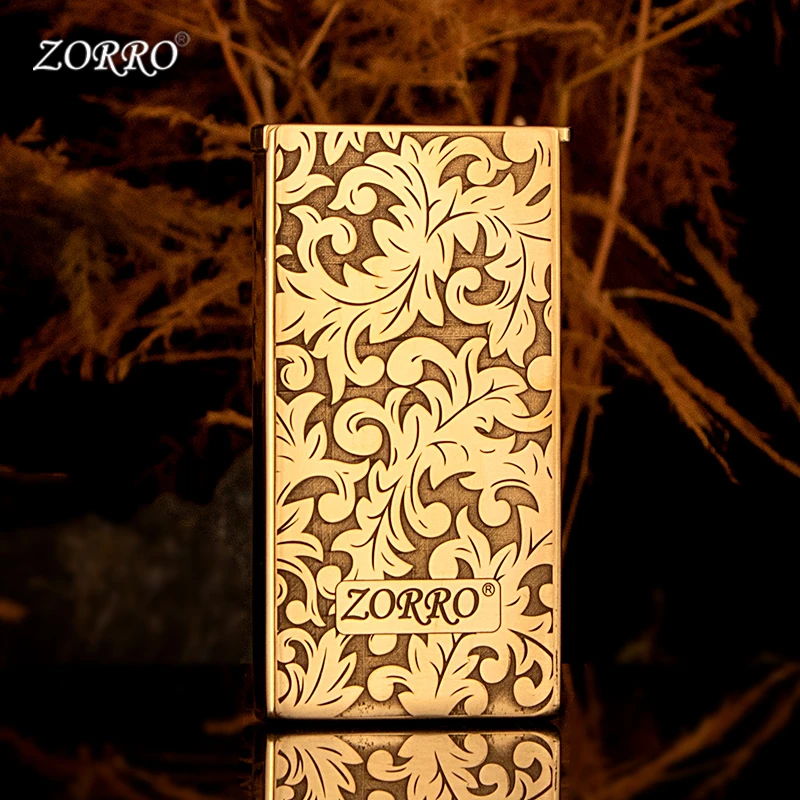 ZORRO原铜大唐草超薄升降机双面精雕煤油打火机创意打火机煤油款
