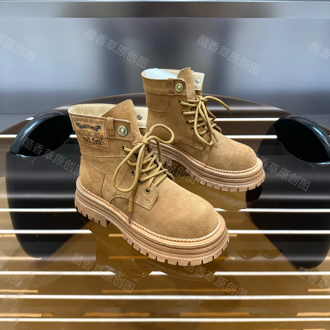 2024秋季时尚马丁靴女休闲复古厚底百搭系带网面英伦风靴子