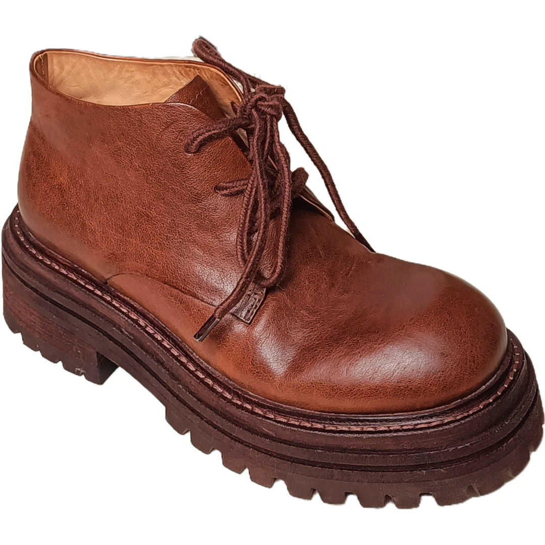 01兰嘉人秋季厚底复古做旧马皮短靴纯手工系带大头德比鞋百搭真皮