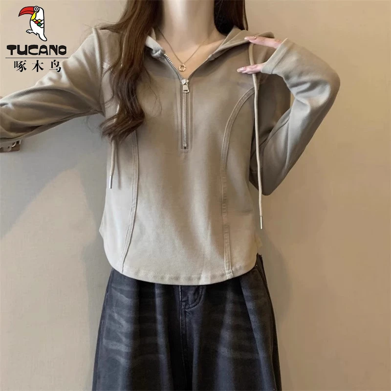 啄木鸟正品连帽长袖新款2025春秋气质小众显瘦百搭时尚上衣女