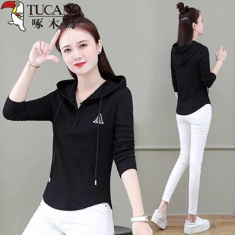 啄木鸟长袖T恤女薄款ins潮春秋2025年连帽套头修身百搭时尚打底衫
