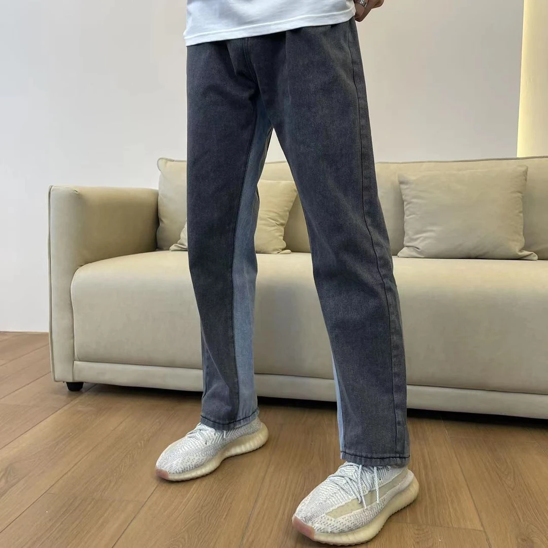 2025秋季男士牛仔裤拼接休闲百搭男士牛仔裤宽松长裤做旧直筒裤子