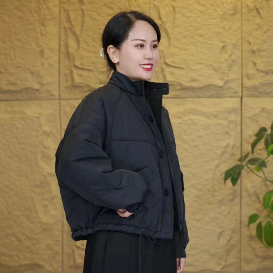 冬季加厚休闲保暖百搭宽松时尚立领抽绳纯色大口袋韩版棉衣棉服