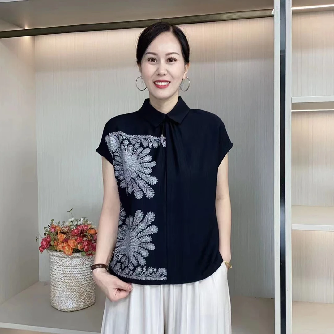 夏季时尚百搭显瘦印花中式国风宽松气质洋气休闲短袖t恤复古衬衫