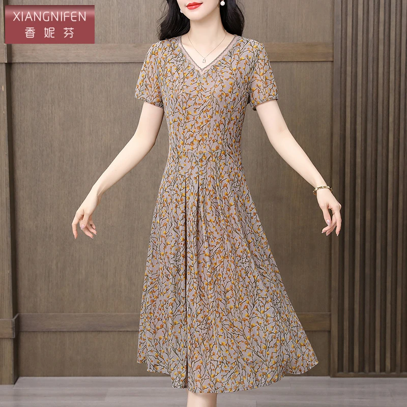 【香妮芬】83201台湾纱弹力洋气连衣裙国风新款气质法式优雅碎花裙