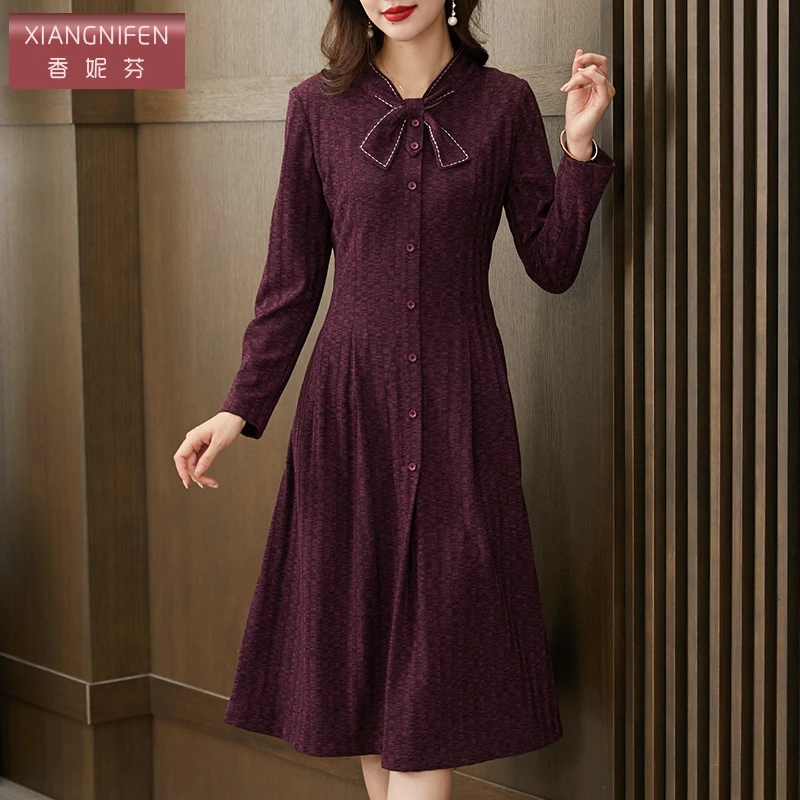 【香妮芬】82778秋冬优雅气质紫色蝴蝶结连衣裙2025新款洋气碎花裙