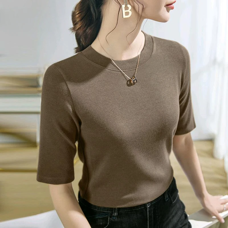 欧货中袖t恤圆领面膜五分袖打底衫女春秋内搭修身半袖体恤上衣