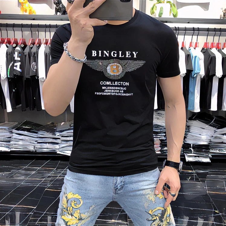 夏季短袖丝光棉男T恤男装欧美潮流休闲烫钻圆领修身百搭打底半袖