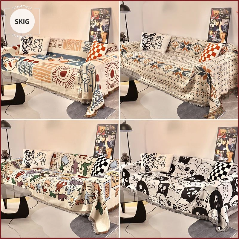 ins风棉纱双面沙发盖布2024新款沙发巾四季通用全盖毯*毛毯一片式