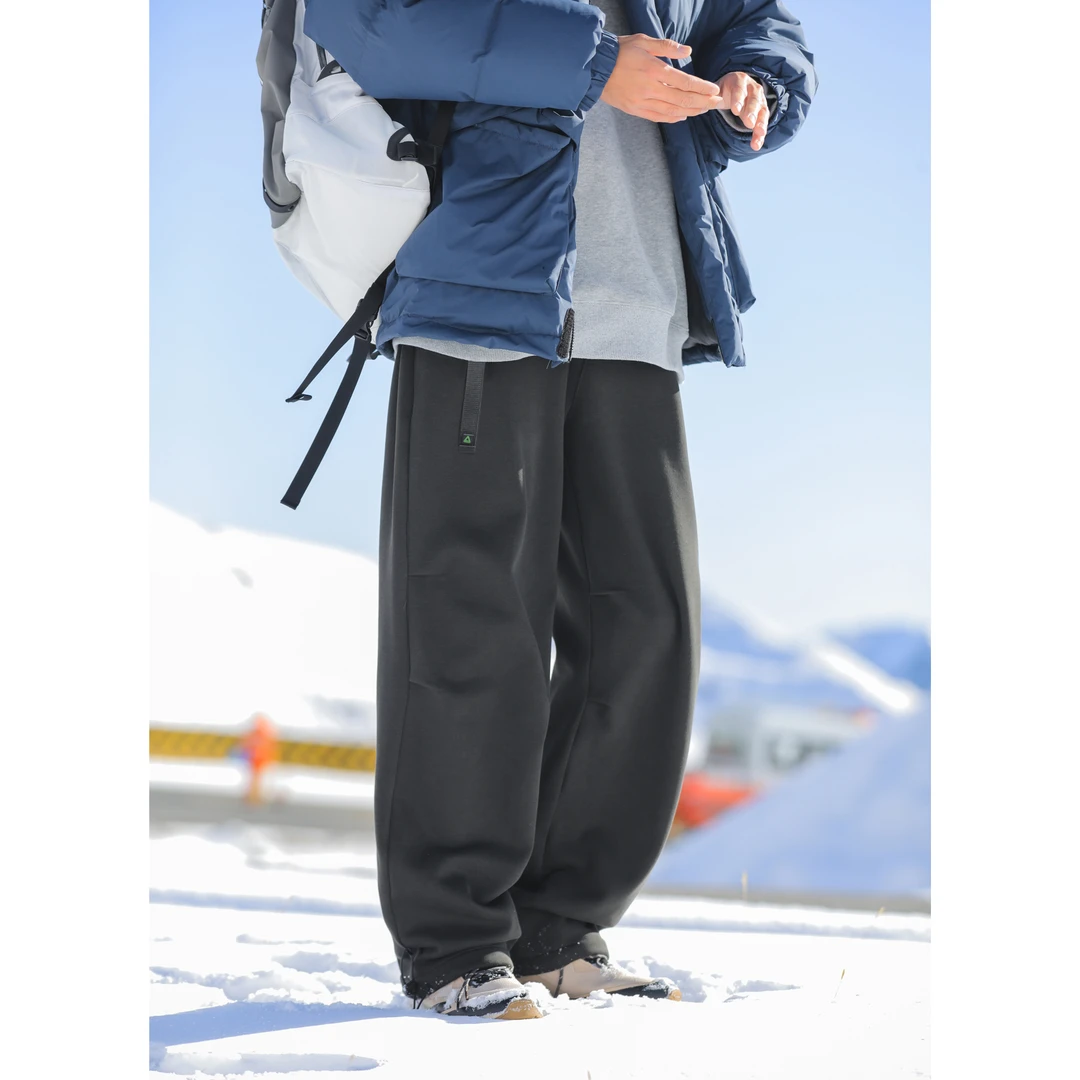 ACTUP保暖一体绒抽绳束脚休闲裤男冬季流行松紧腰带宽松直筒卫裤