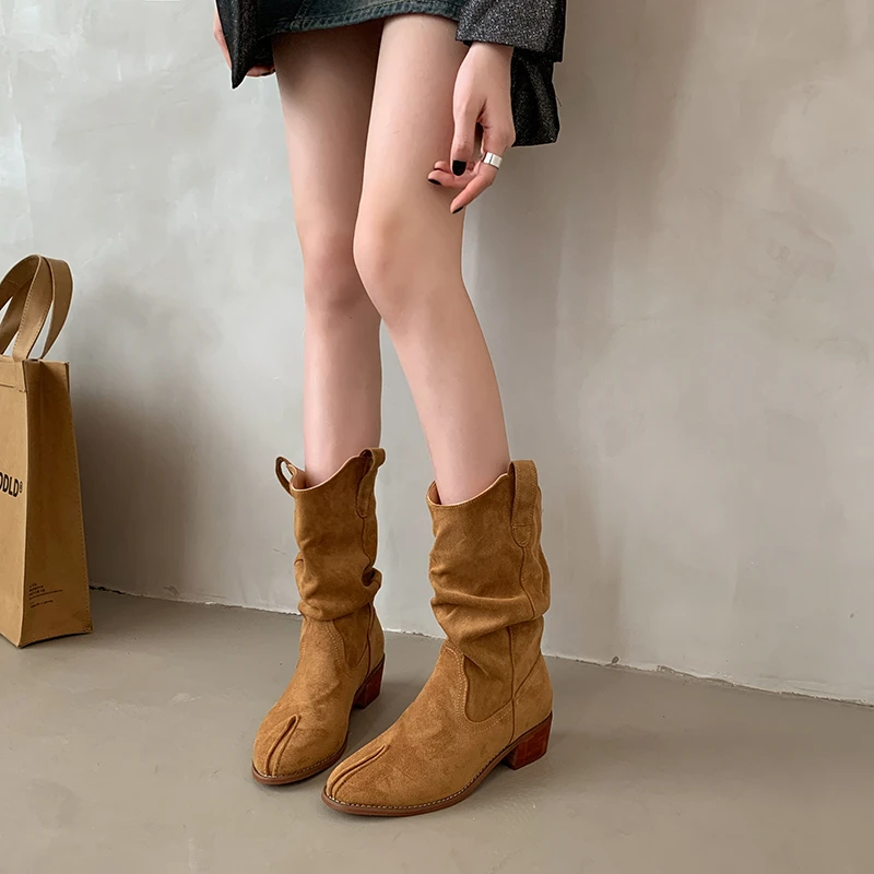 春夏新款粗跟堆堆靴牛仔靴褶皱骑士靴粗高跟瘦瘦靴厚底高筒靴