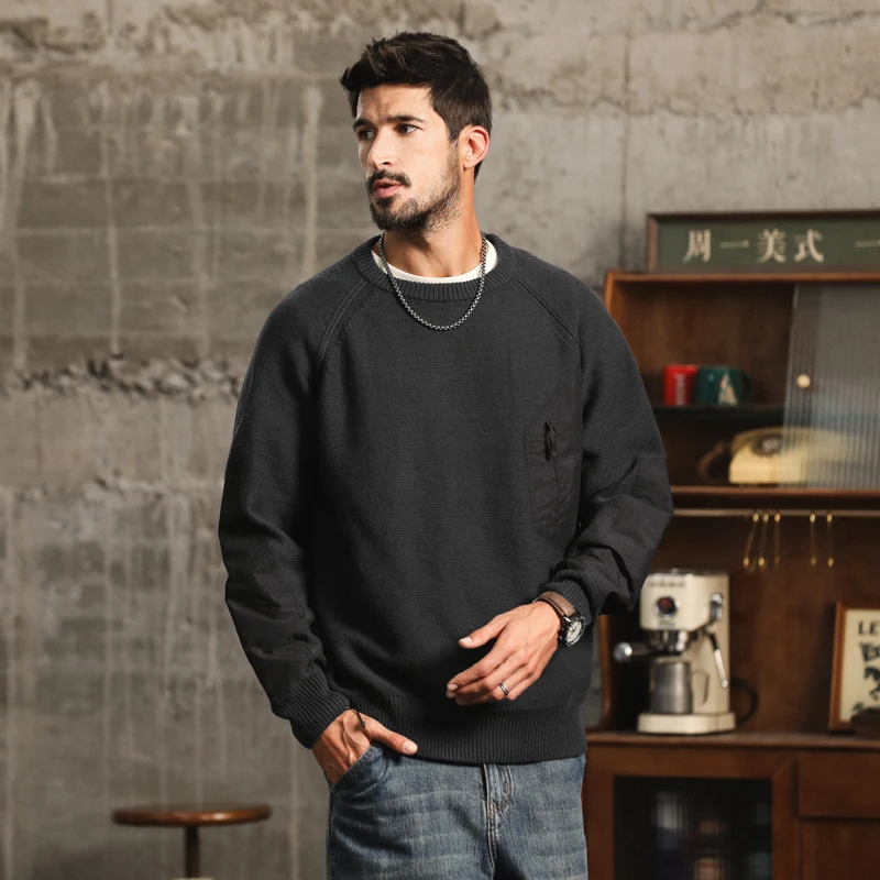 M8908美式复古口袋拼接圆领针织毛衣男2024秋冬宽松套头针织衣服