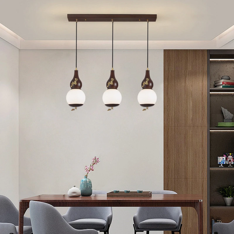 新中式餐厅吊灯复式楼大气实木楼梯长线吊灯书房玄关中国风葫芦灯