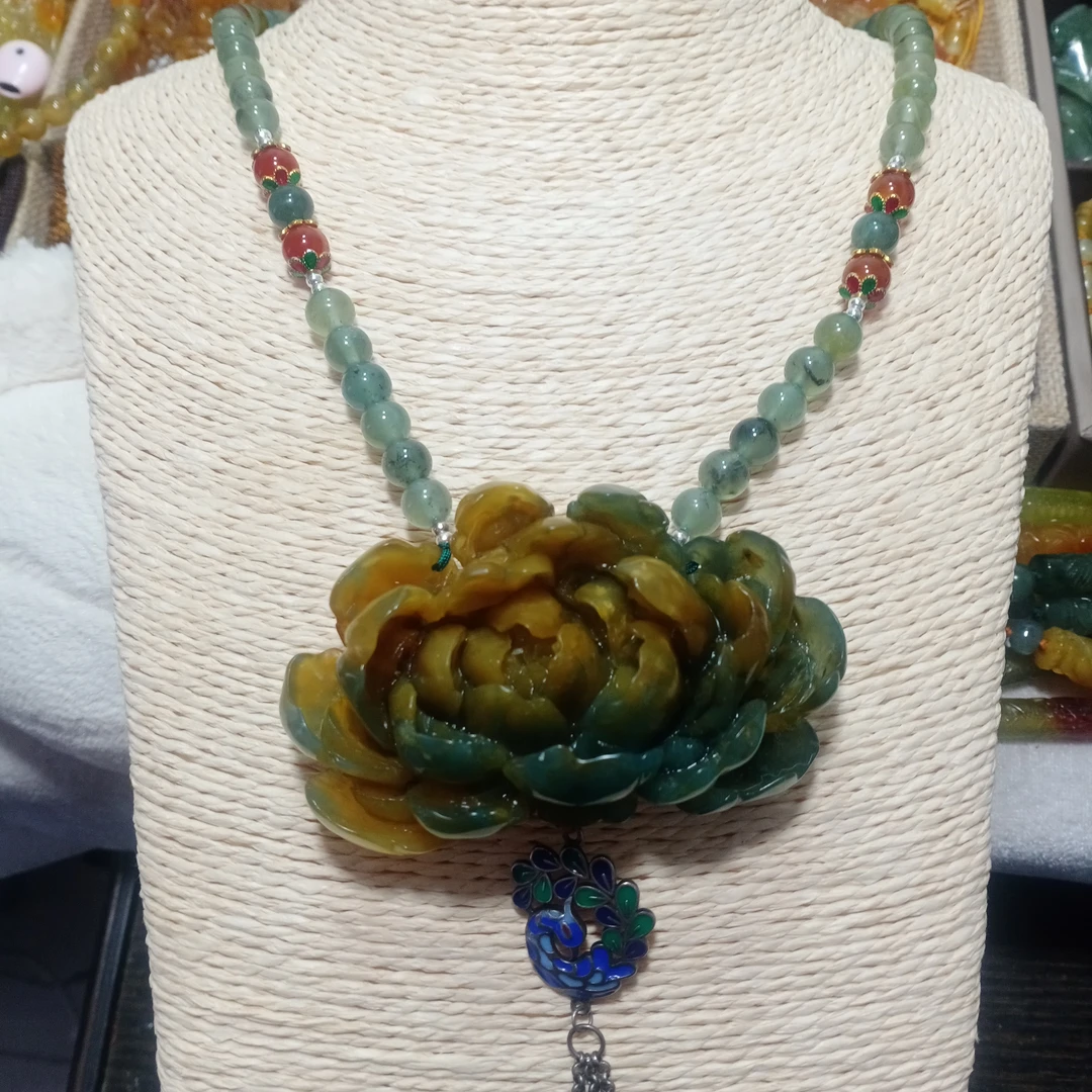 岫玉吊坠牡丹花毛衣链项链辽宁岫岩工厂定制天然手工民族风