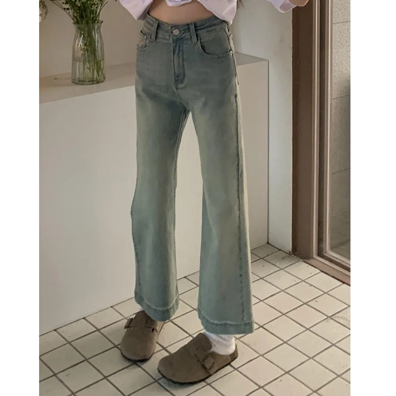 橘子树在哪儿 直筒复古九分微喇牛仔裤女春季浅色高腰弹力烟管裤