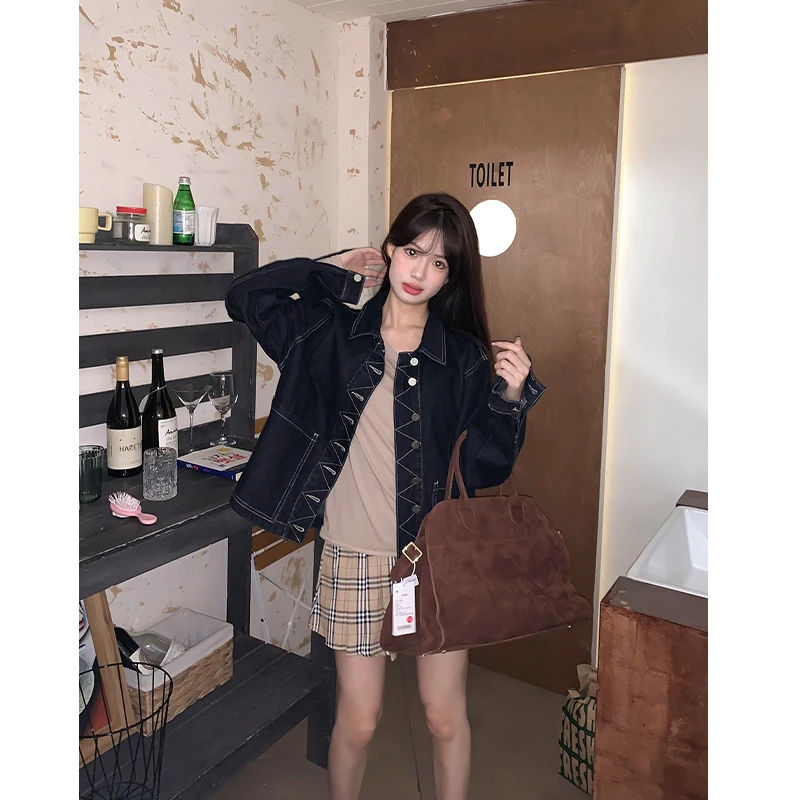 橘子树在哪儿设计感复古明线牛仔外套女春秋宽松百搭气质夹克上衣