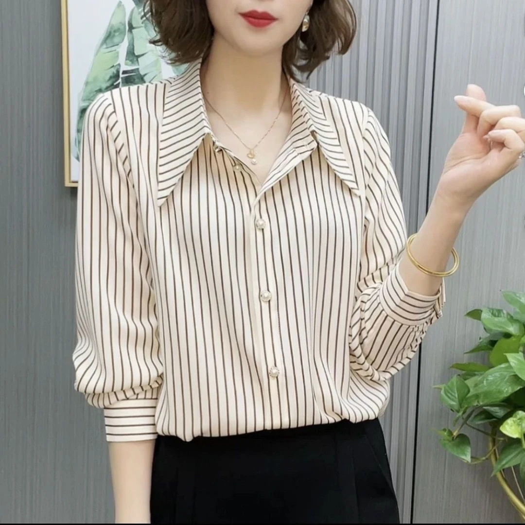 【宝藏衣橱上新】条纹女士长袖衬衫百搭显瘦衬衫韩版长袖衬衣带领