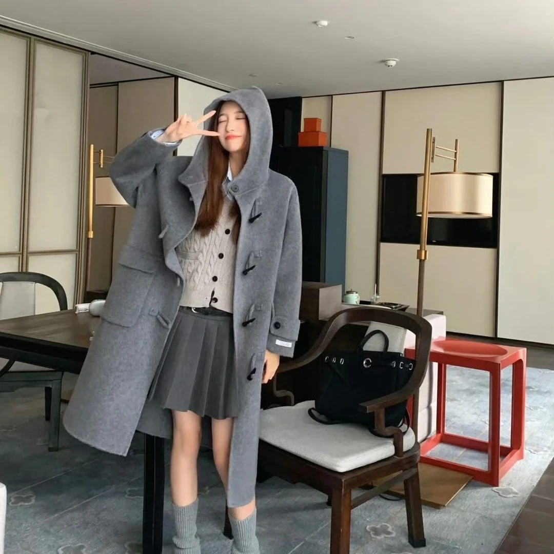 韩版中长款双面大衣女秋冬新款加厚显瘦学院风外套呢子小个子毛呢