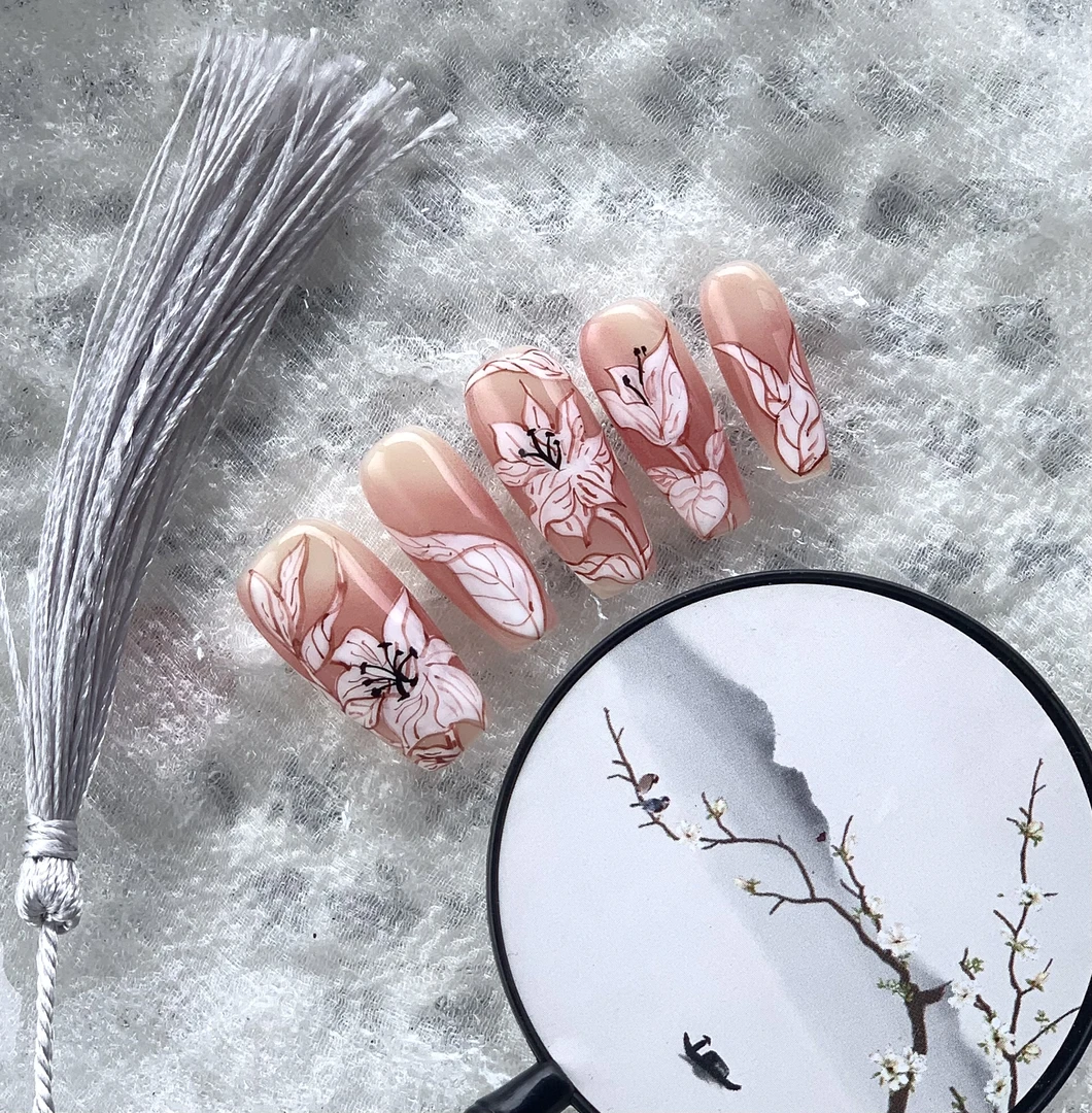 【线描•百合】线条彩绘粉红色晕染国风原创手绘超好看穿戴甲