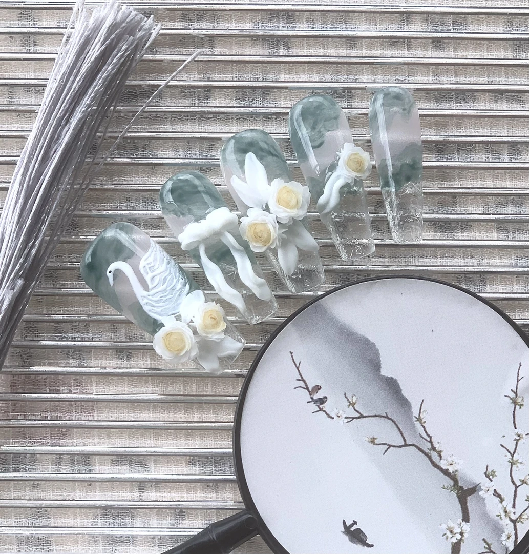 【浮雕•琉璃天鹅】国风原创手绘浮雕超好看穿戴甲