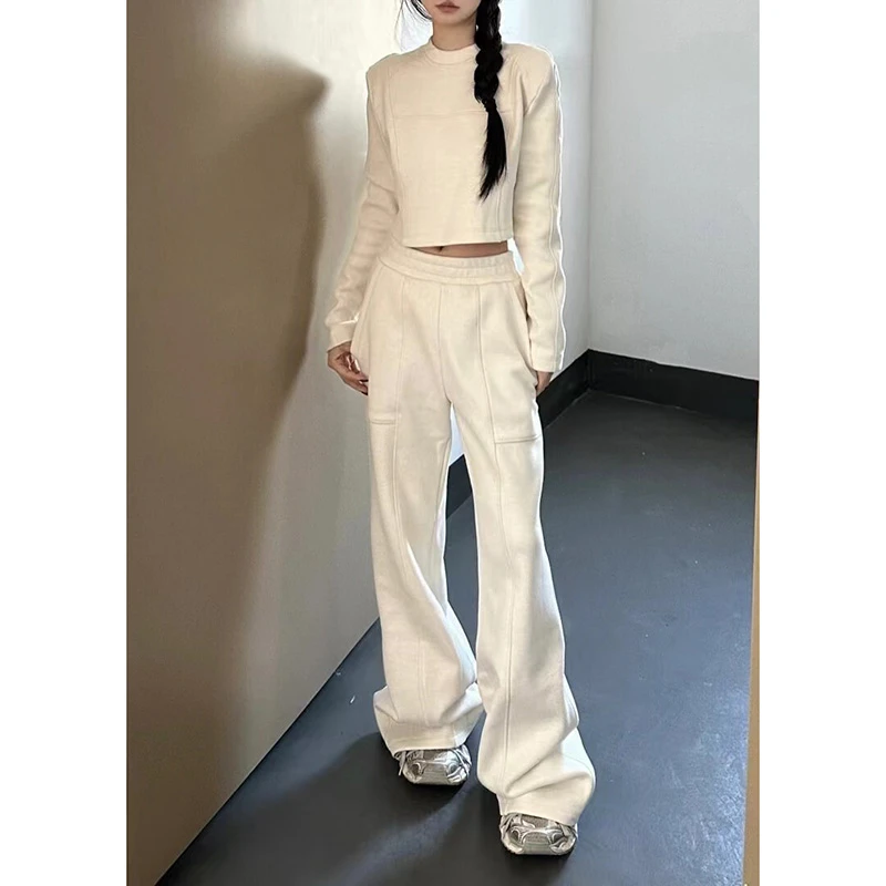女秋冬2024新款简约运动拖地长裤美式hiphop白色垂感阔腿卫裤直筒