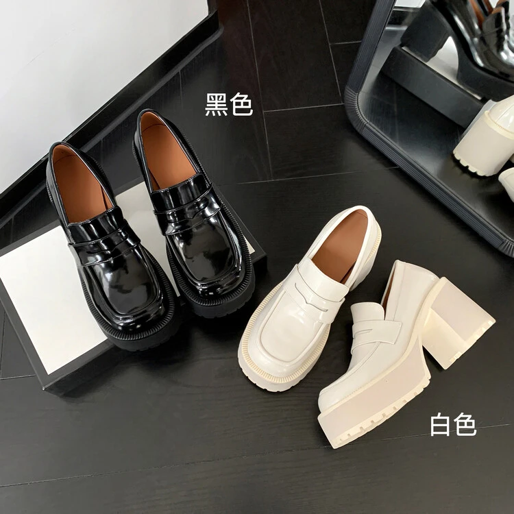 皮先生真皮乐福鞋一脚蹬高跟单鞋女小个子松糕百搭圆头英伦小皮鞋