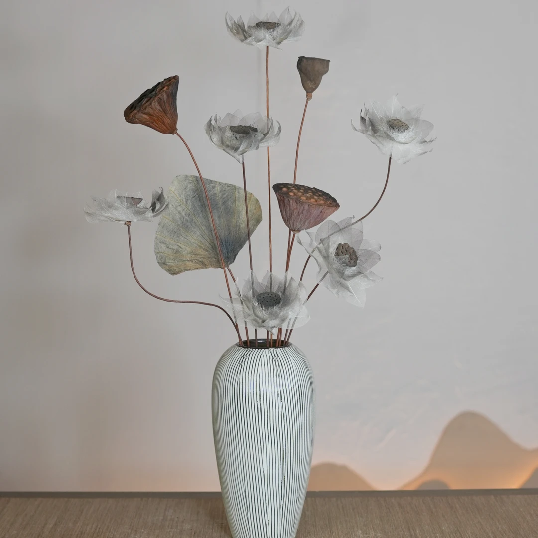 【水墨荷花】叶脉花手工花干莲蓬禅意干花陶瓷花瓶玄关摆件装饰品