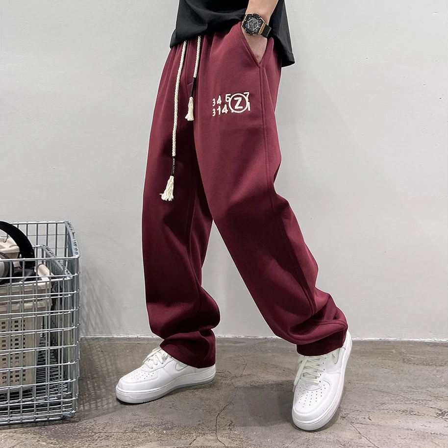 春季美式休闲痞帅刺绣灰色卫裤男直筒宽松抽绳百搭运动阔腿裤子潮