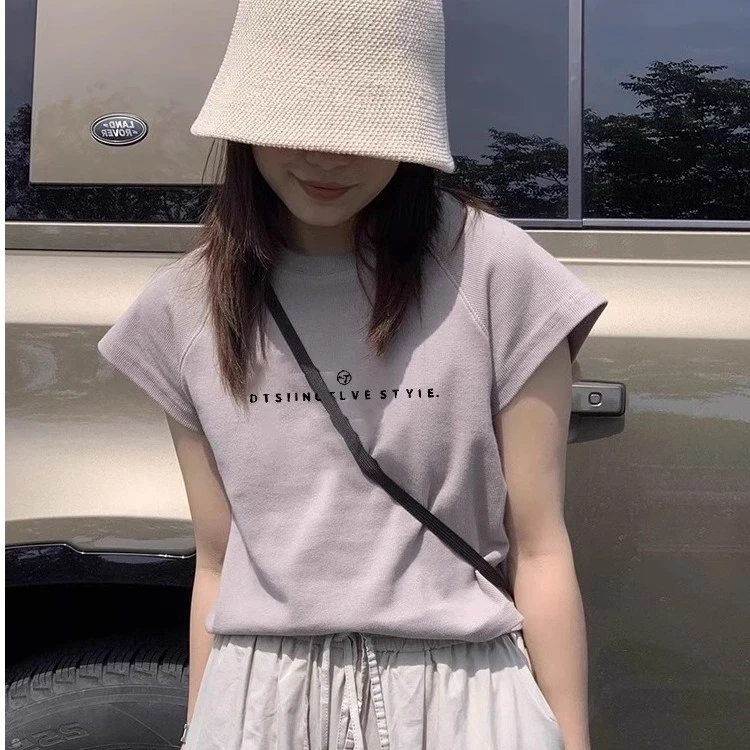 正肩短袖t恤女夏季新款美式复古短款体恤小飞袖设计感小众上衣潮