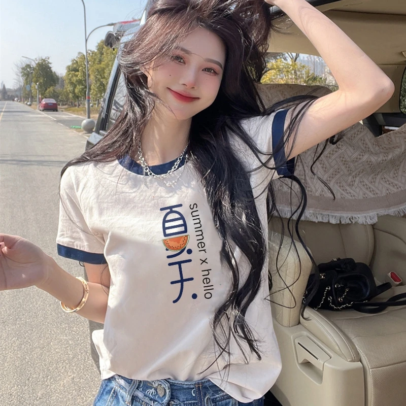 纯棉撞色设计感小众上衣潮牌夏季女装洋气百搭正肩t恤女短袖体恤