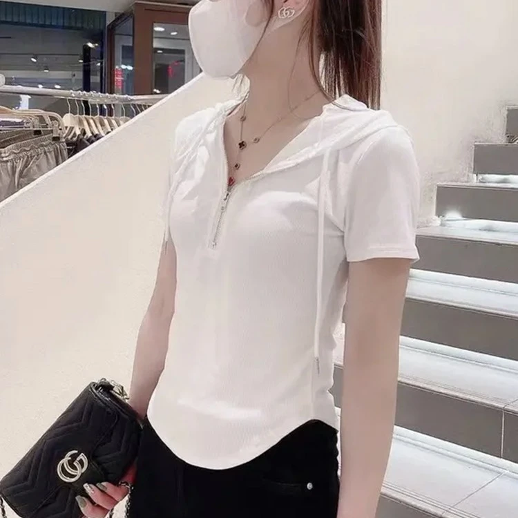 白色潮牌纯棉正肩短袖t恤女小个子修身气质拉链连帽港味chic上衣