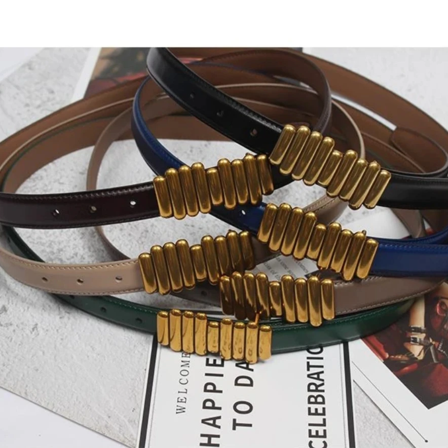 女士网红毛毛虫百搭简约真皮腰带皮带气质时尚双面高档2.3cm