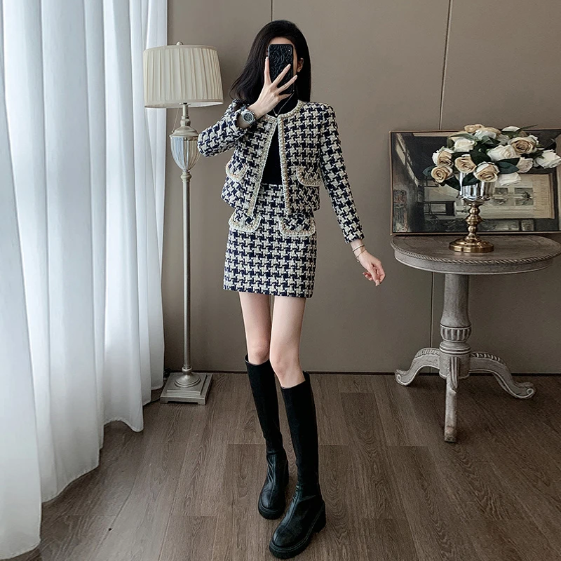 气质名媛时尚套装女装2024冬季新款法式小香风外套上衣短裙两件套