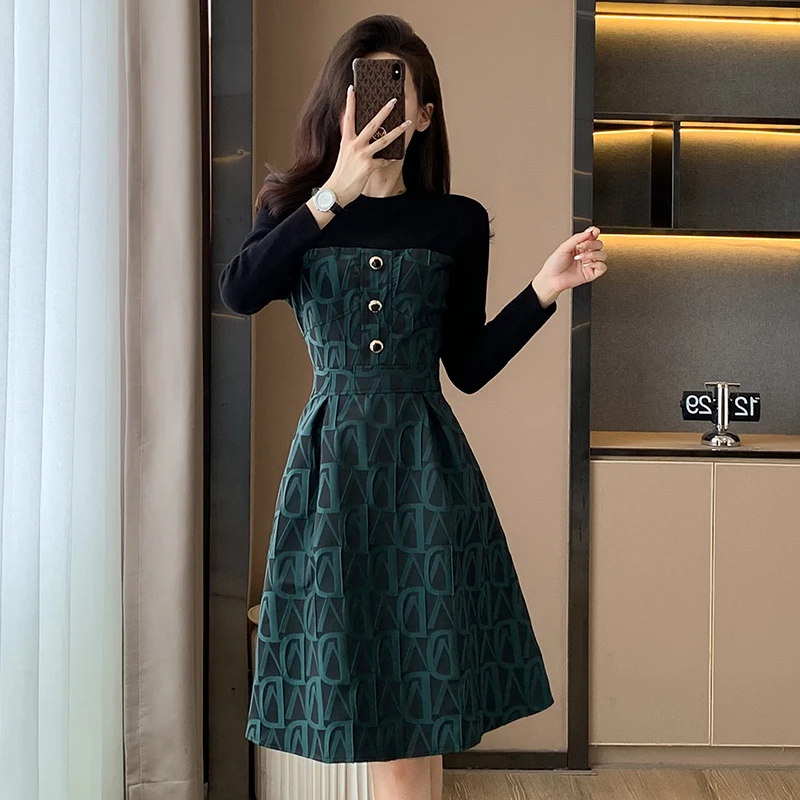 秋冬小香风连衣裙复古时尚女装法式名媛气质长袖炸街拼接显瘦裙子