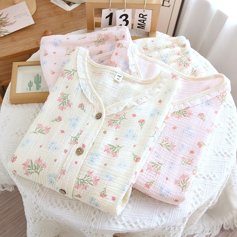 【繁花似锦】双层纱布睡衣套装A类纯棉长袖碎花甜美宽松家居服