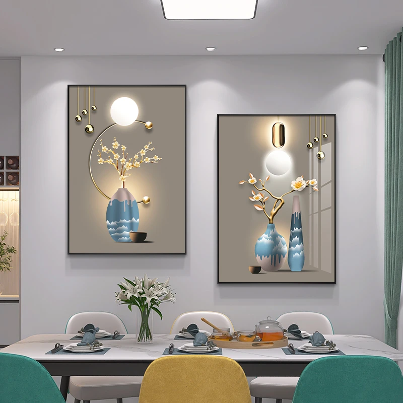 花瓶富贵平安餐厅装饰画新中式高级感饭厅墙壁画走廊过道两联挂画