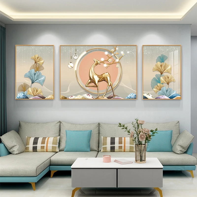 金鹿送福客厅沙发背景墙装饰画现代轻奢壁画高档晶瓷画三联挂画K
