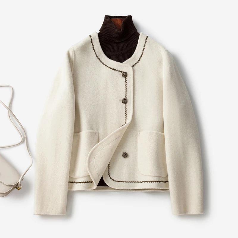 长毛双面呢大衣女短款2024新款韩版小香风花边休闲小个子毛呢外套
