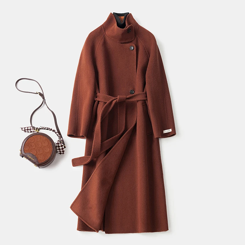 长毛纯色双面呢大衣女中长款2024新款韩版宽松立领系带毛呢外套女