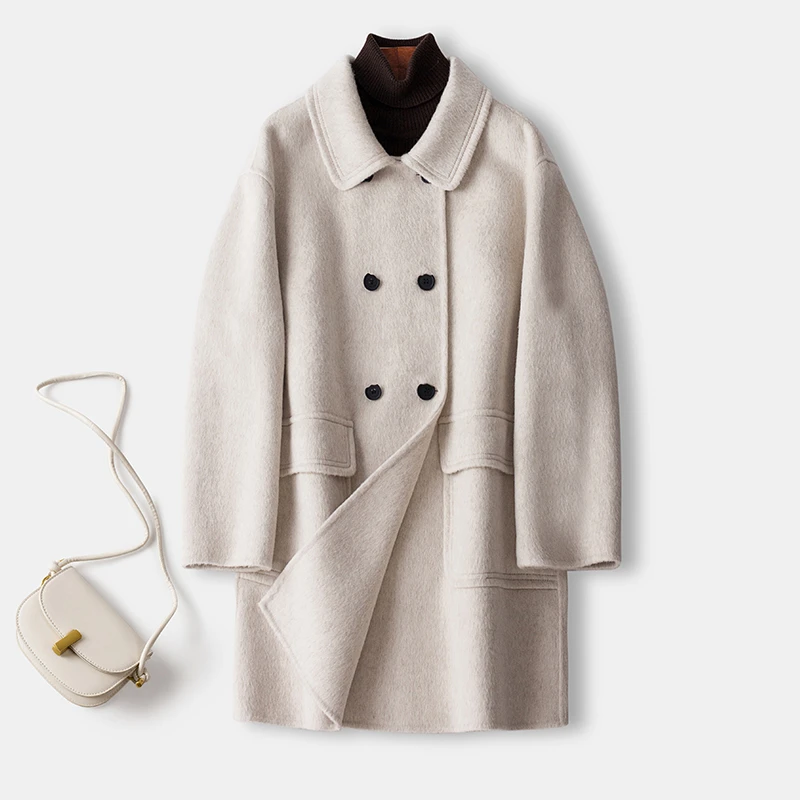 混色长毛双面呢大衣女短款2024新款韩版翻领一手长小个子毛呢外套