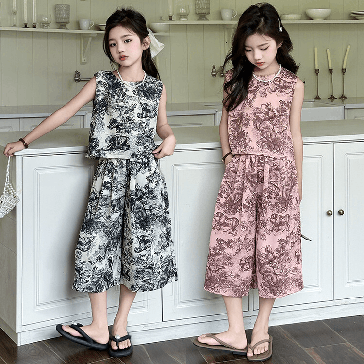 女童套装中大童2024夏季新款韩版儿童雪纺薄款背心复古阔腿两件套