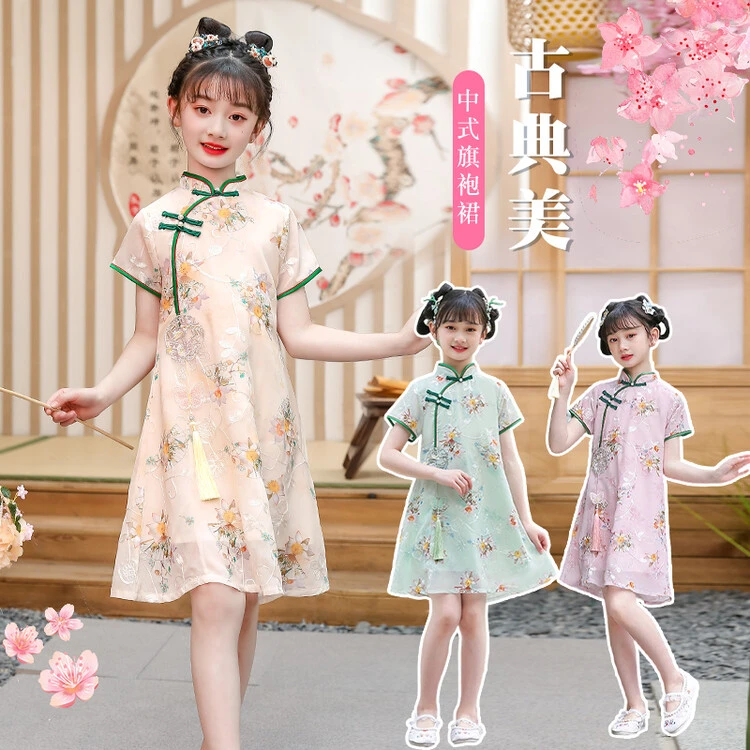 新款夏季女童3-6岁洋气国风旗袍古风旗袍裙印花唐装中大童公主裙