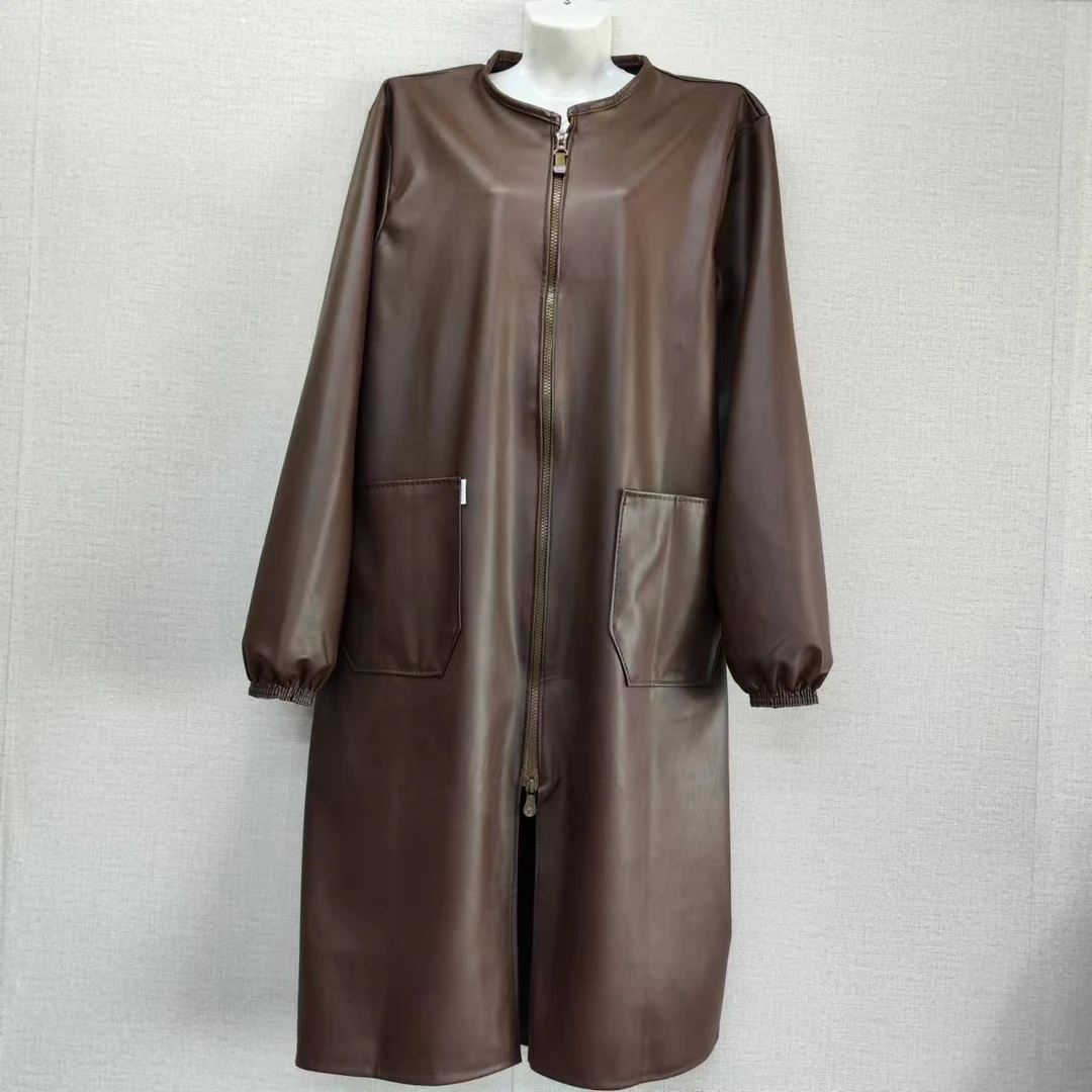 皮革前拉链加长加肥长袖防污正穿衣