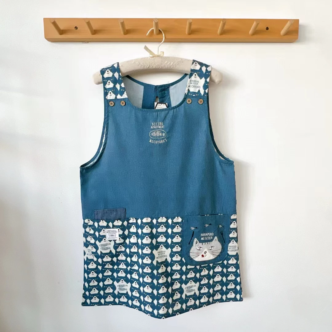 5月29日清<蓝大猫头围裙>衣长99胸围108刺绣围裙家居家务日系