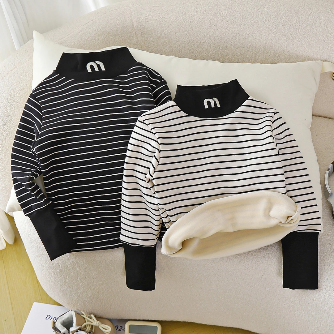 儿童女童长袖打底衫男童女宝保暖条纹半高领加绒套头卫衣