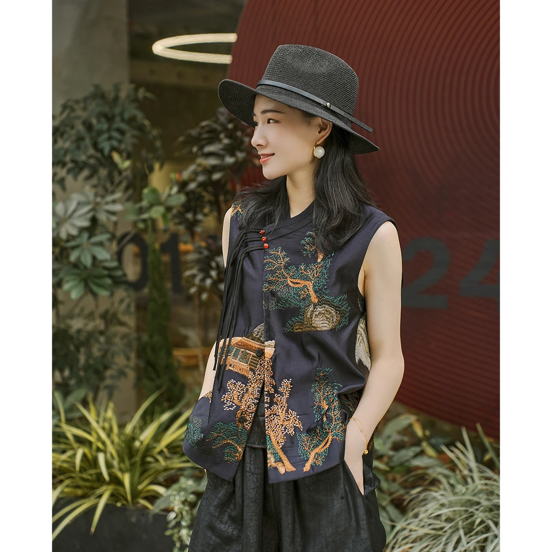 【桃李满天下 ·刺绣马甲】国风真丝丝毛桑蚕丝刺绣马甲外套C004X