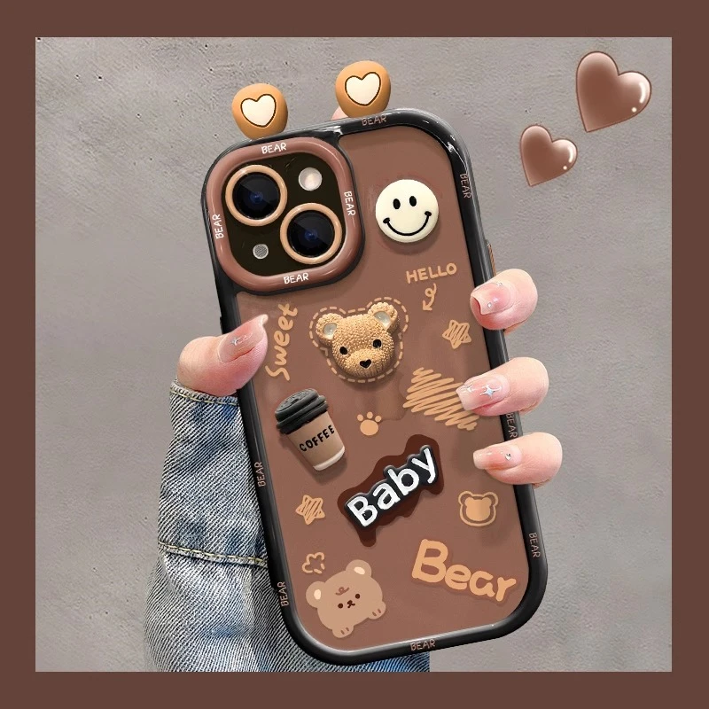 适用于苹果15promax手机壳新款14Pro咖啡熊公仔iPhone13小众防摔